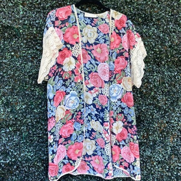 Vintage Val Mode Sheer Lace Trim & Floral Print Robe Lingerie - Picture 1 of 8